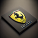 Image réaliste en flat lay du logo Ferrari, mettant en avant le célèbre cheval cabré sur un fond jaune en forme de bouclier, disposé sur une surface noire élégante et épurée.