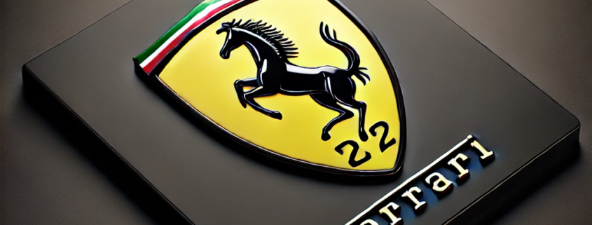 Image réaliste en flat lay du logo Ferrari, mettant en avant le célèbre cheval cabré sur un fond jaune en forme de bouclier, disposé sur une surface noire élégante et épurée.