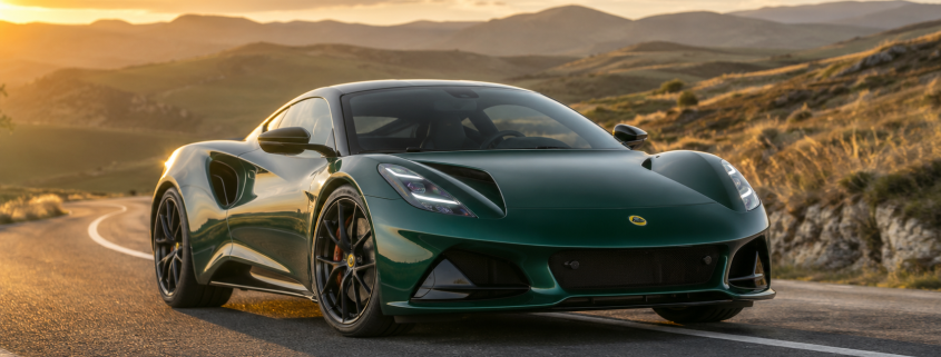 Coupé sportif inspiré de la Lotus Emira sur une route de montagne au coucher du soleil